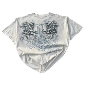 Skulls on a Mesh Fence Affliction Style Y2K Graphic T-Shirt White XXL